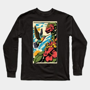 Hummingbird Vibrant Tropical Flower Tall Retro Vintage Digital Pop Art Portrait 2 Long Sleeve T-Shirt